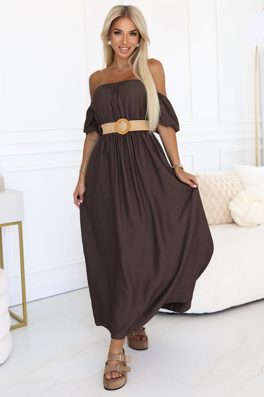 614-1 Boho Maxikleid mit schulterfreien Trägern - Schokolade
