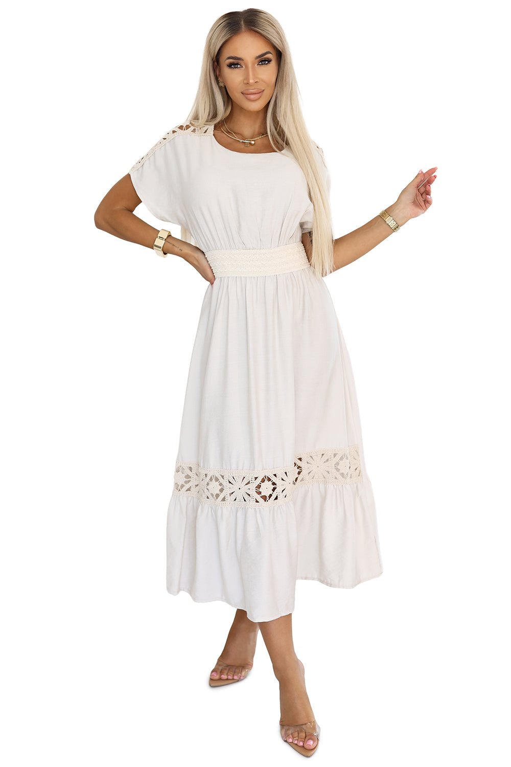 618-1 Dezentes Boho-Kleid mit durchbrochenen Einsätzen - Ecru