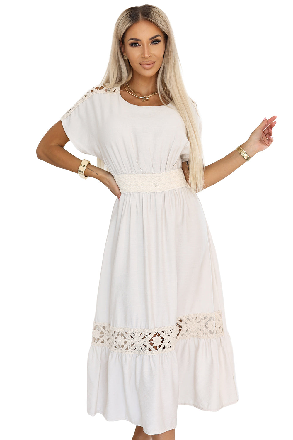 618-1 Dezentes Boho-Kleid mit durchbrochenen Einsätzen - Ecru