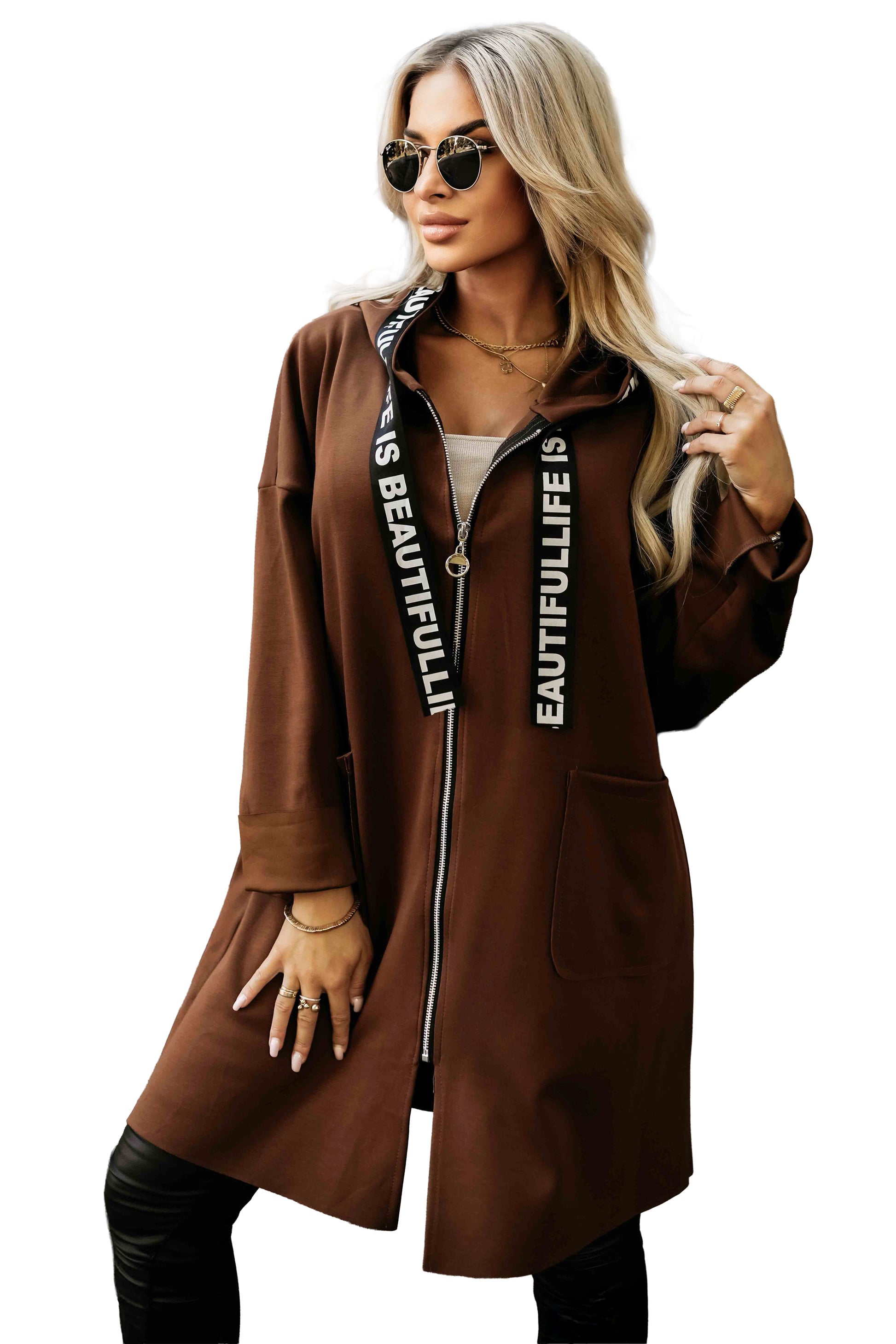 632-2 Lässiger Mantel mit Reißverschluss und modischen Details - Schokolade
