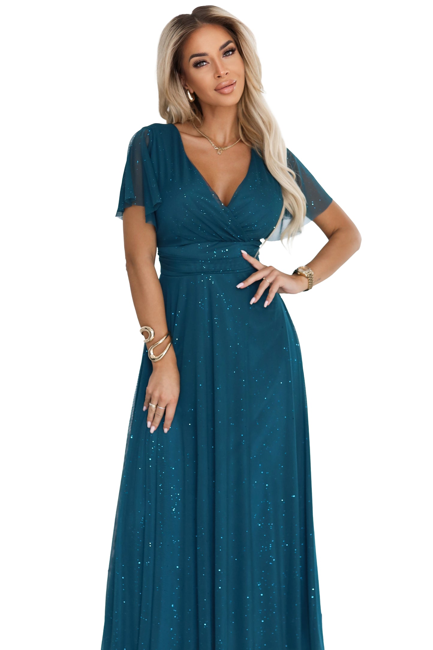 635-1 MELANIA langes, glänzendes Kleid mit Ausschnitt und kurzen Ärmeln - flaschengrün