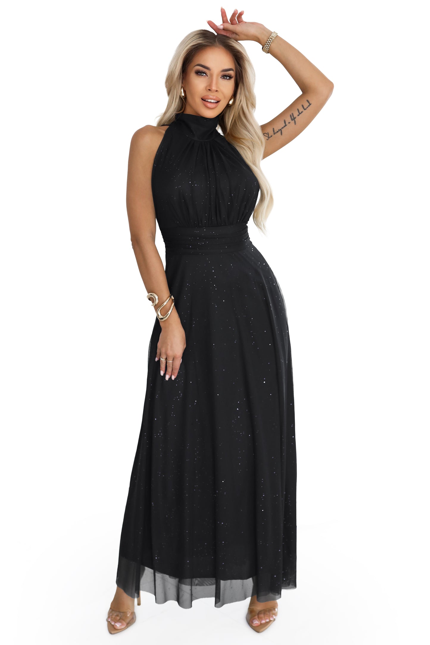 636-3 VERONICA Luxuriöses langes Kleid mit Brokatbesatz und elegantem Schnitt - schwarz