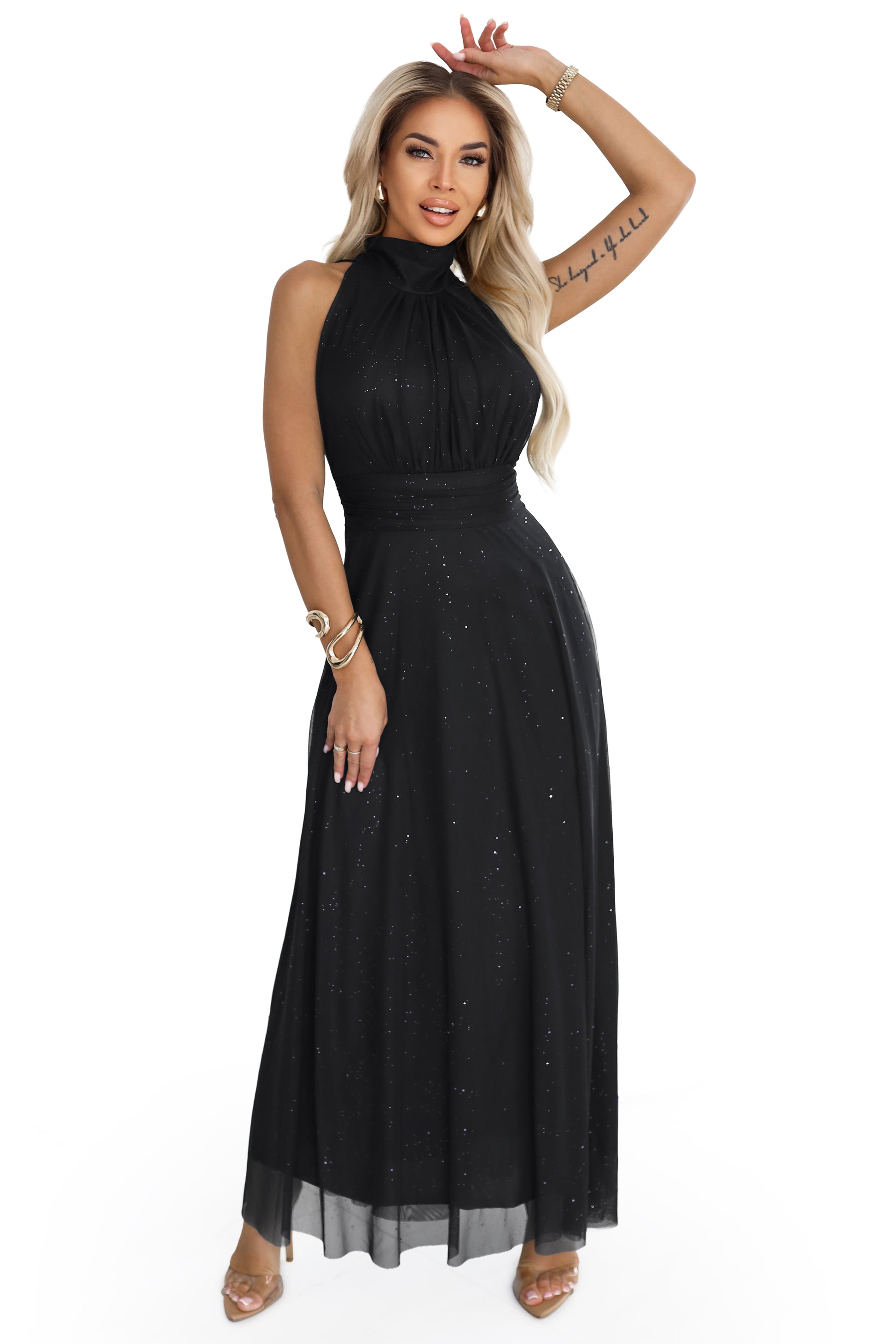 636-3 VERONICA Luxuriöses langes Kleid mit Brokatbesatz und elegantem Schnitt - schwarz