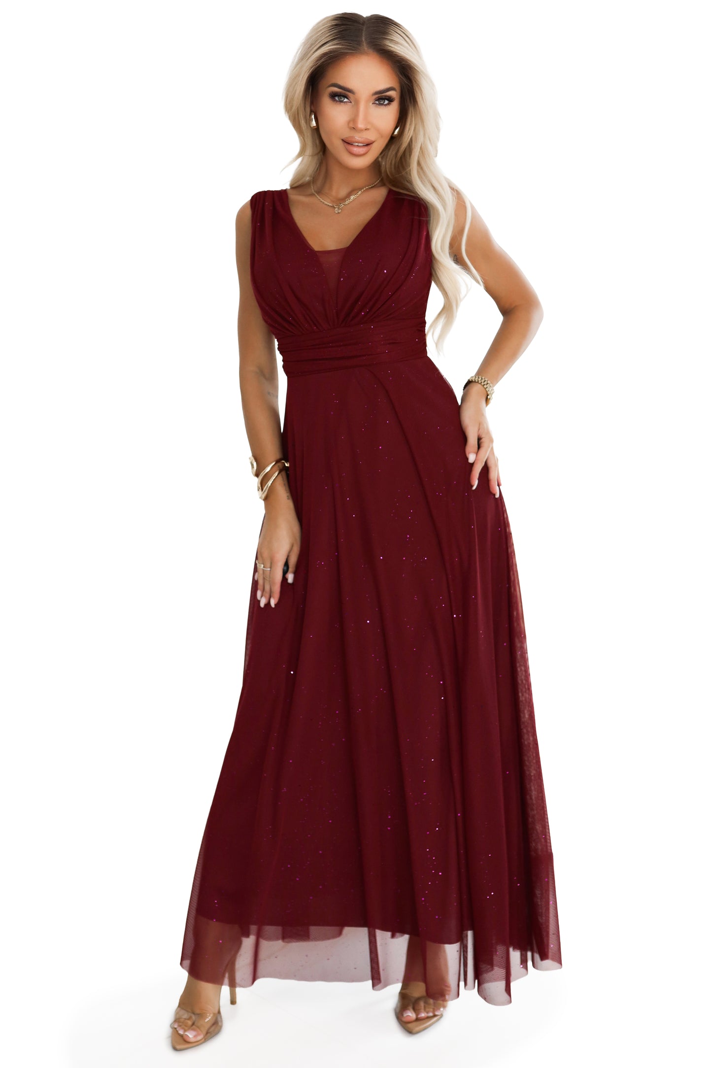Langes Abendkleid mit Brokat-Akzent und tiefem Ausschnitt - Burgunderrot 637-1
