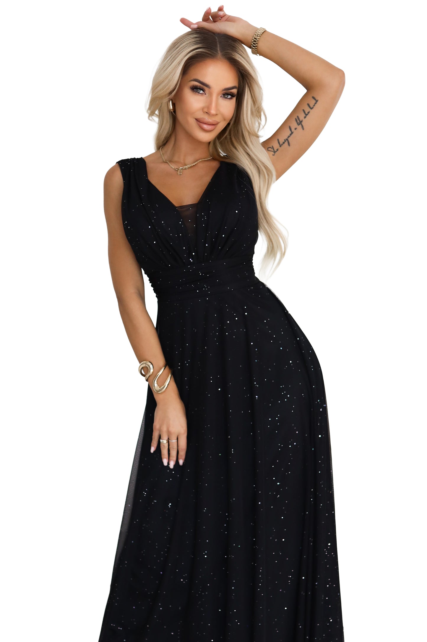 Langes Abendkleid mit Glitzer-Akzent und tiefem Ausschnitt - Schwarz 637-2