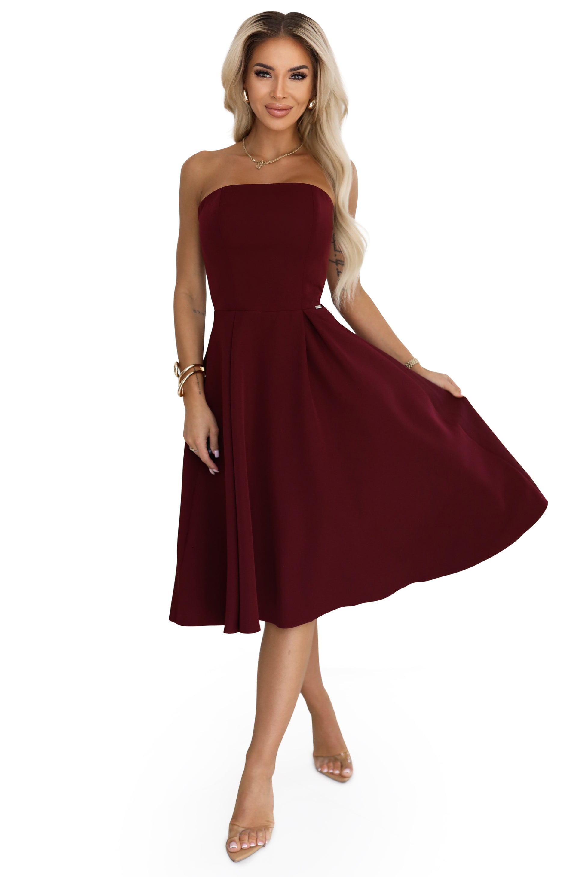 641-1 VIVIENNE Korsett-Midikleid mit ausgestelltem Saum für besondere Anlässe - bordeauxrot