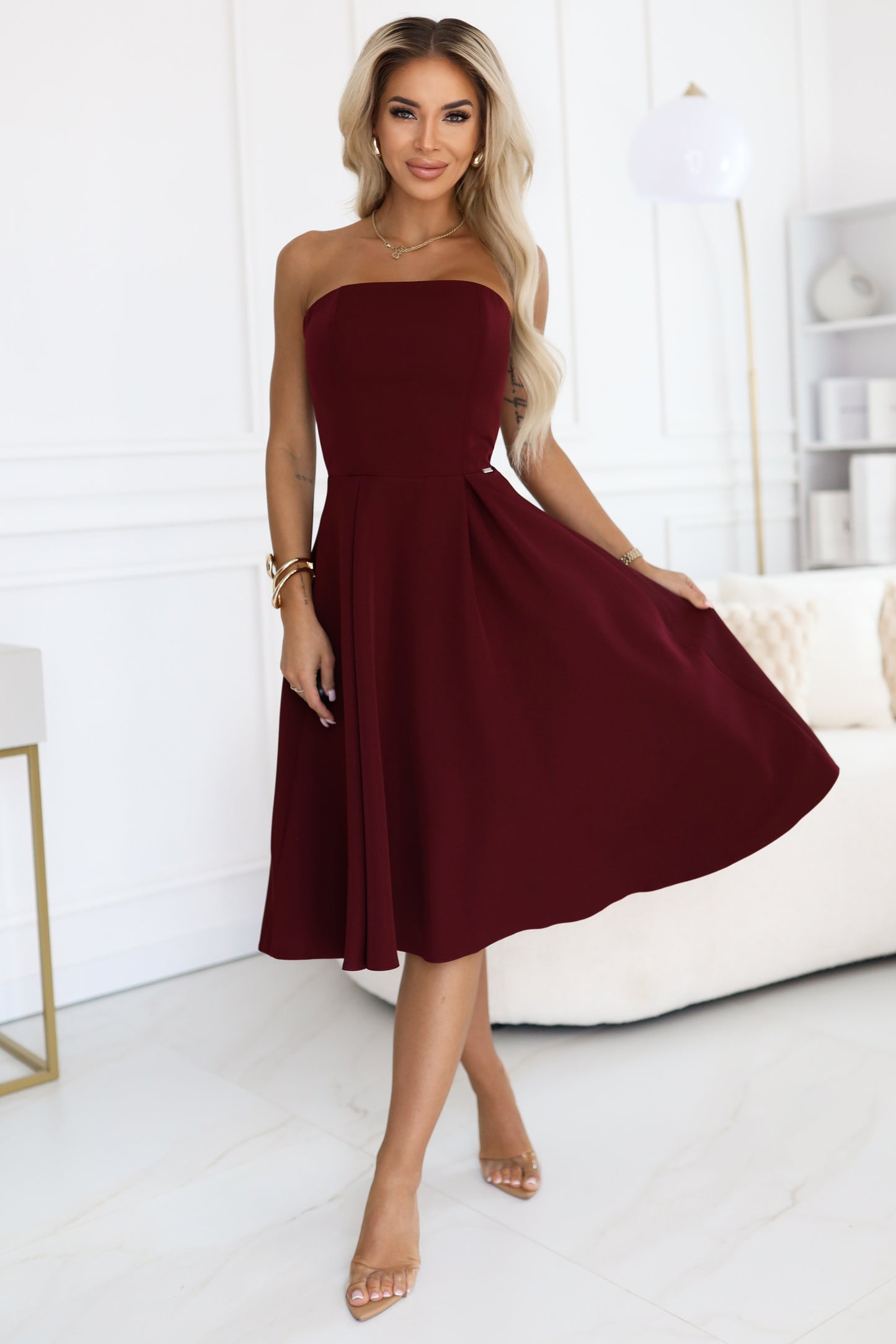 641-1 VIVIENNE Korsett-Midikleid mit ausgestelltem Saum für besondere Anlässe - bordeauxrot