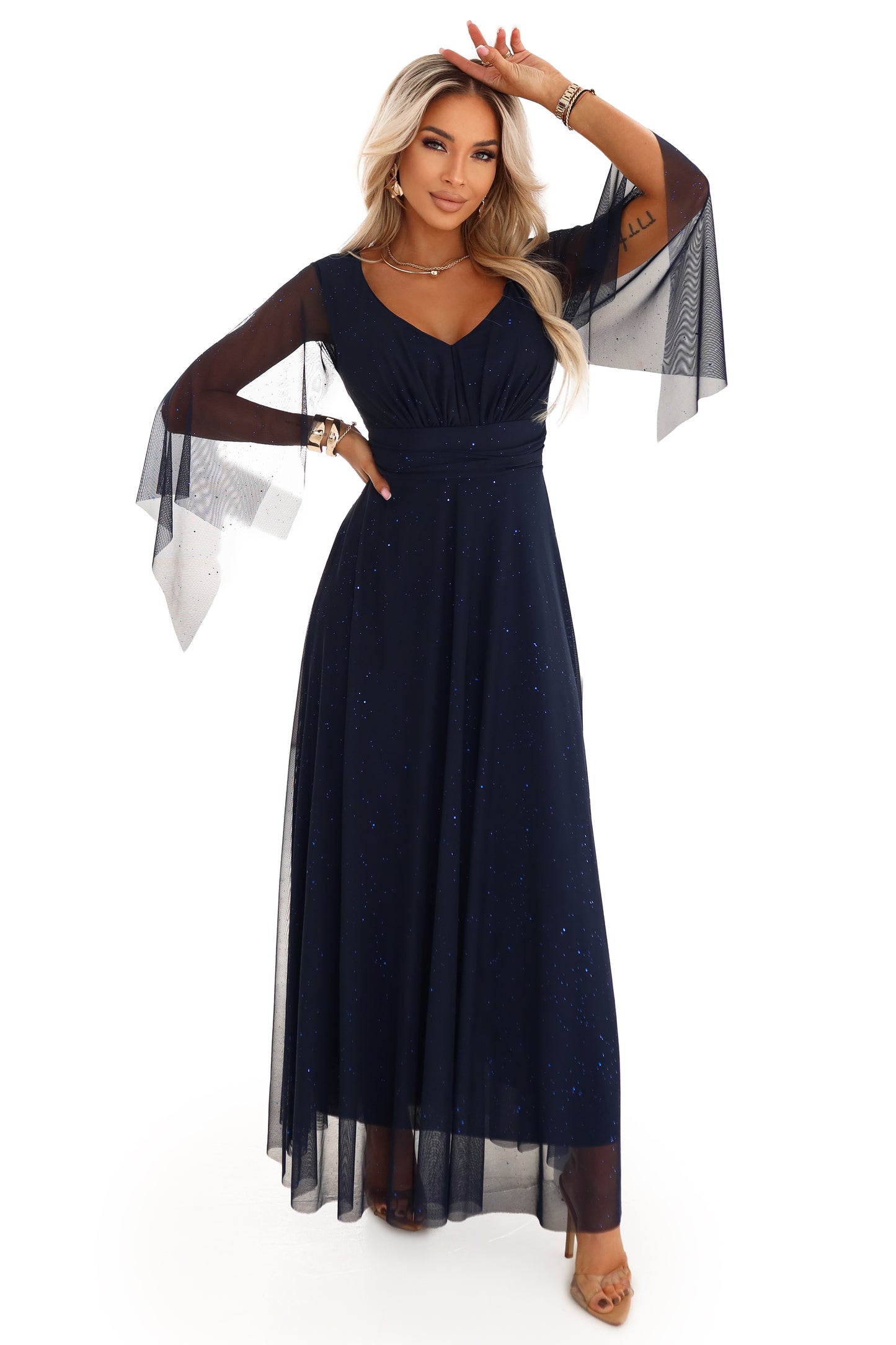 655-3 Ein langes, schimmerndes Kleid mit Ausschnitt und transparenten Ärmeln - marineblau