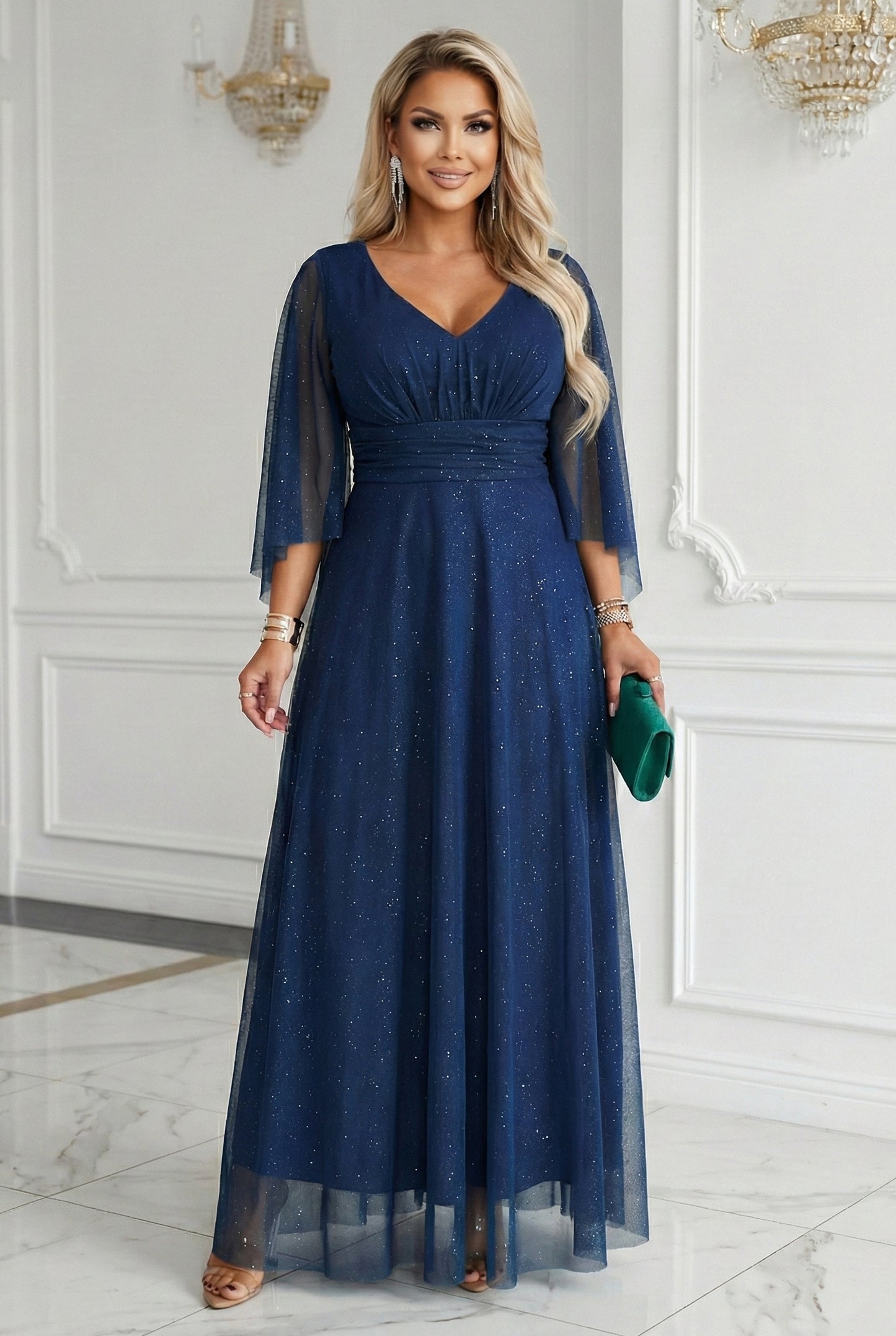 655-3 Ein langes, schimmerndes Kleid mit Ausschnitt und transparenten Ärmeln - marineblau