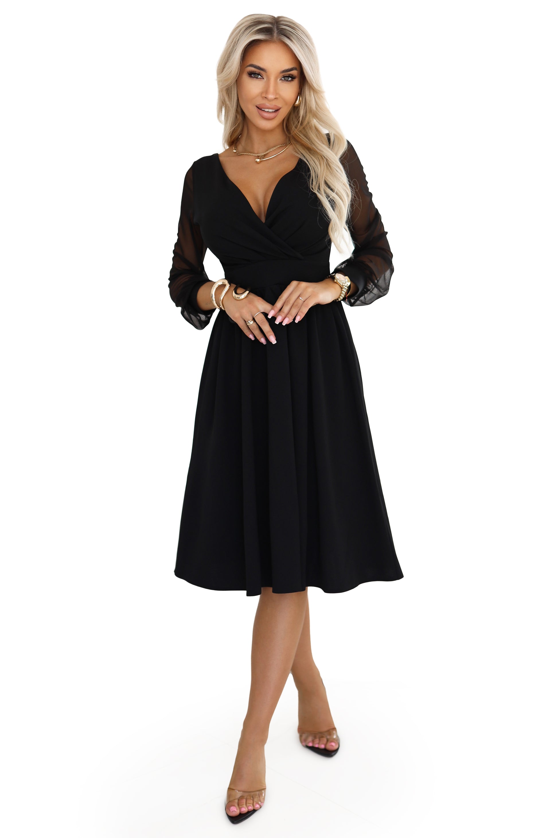 657-1 Elegantes Midikleid mit Wickelausschnitt und Tüllärmeln - schwarz