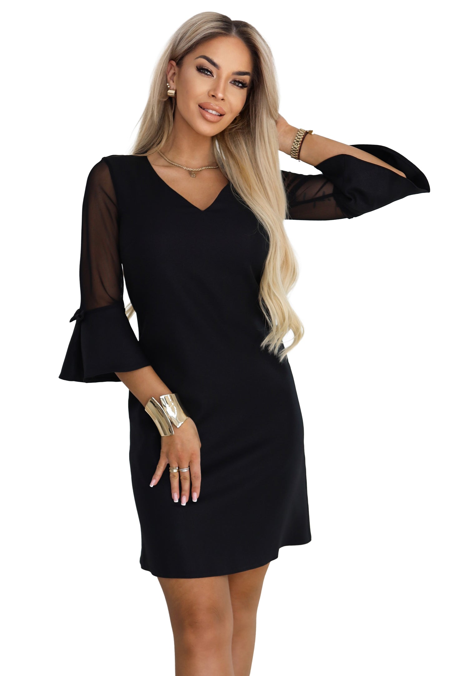 668-1 A-Linien-Glitzerkleid mit Tüllärmeln und V-Ausschnitt - Schwarz