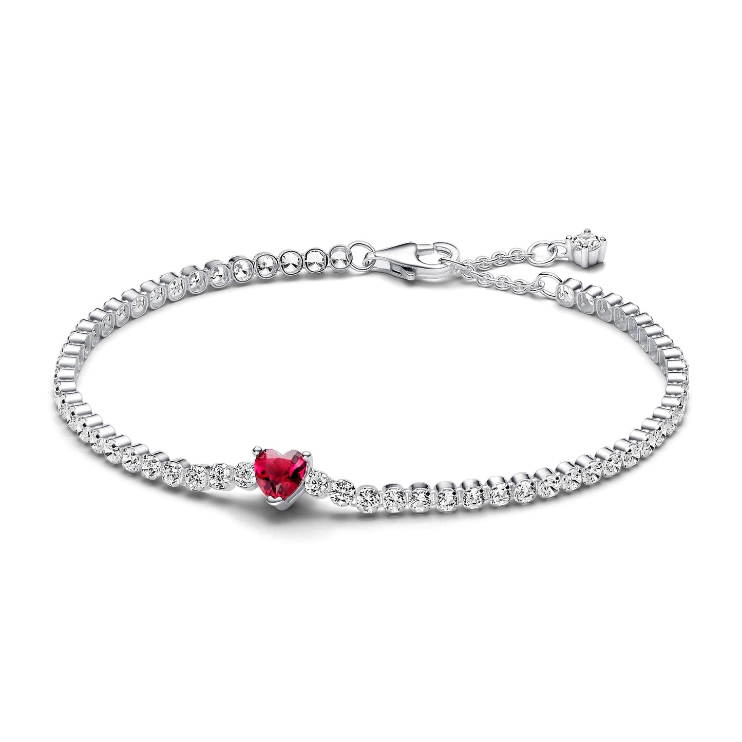 PANDORA Timeless Red Sparkling Heart Tennis Bracelet in sterling silver with red synthetic crystal, Timeless Collection, 18 cm, 590041C02-18